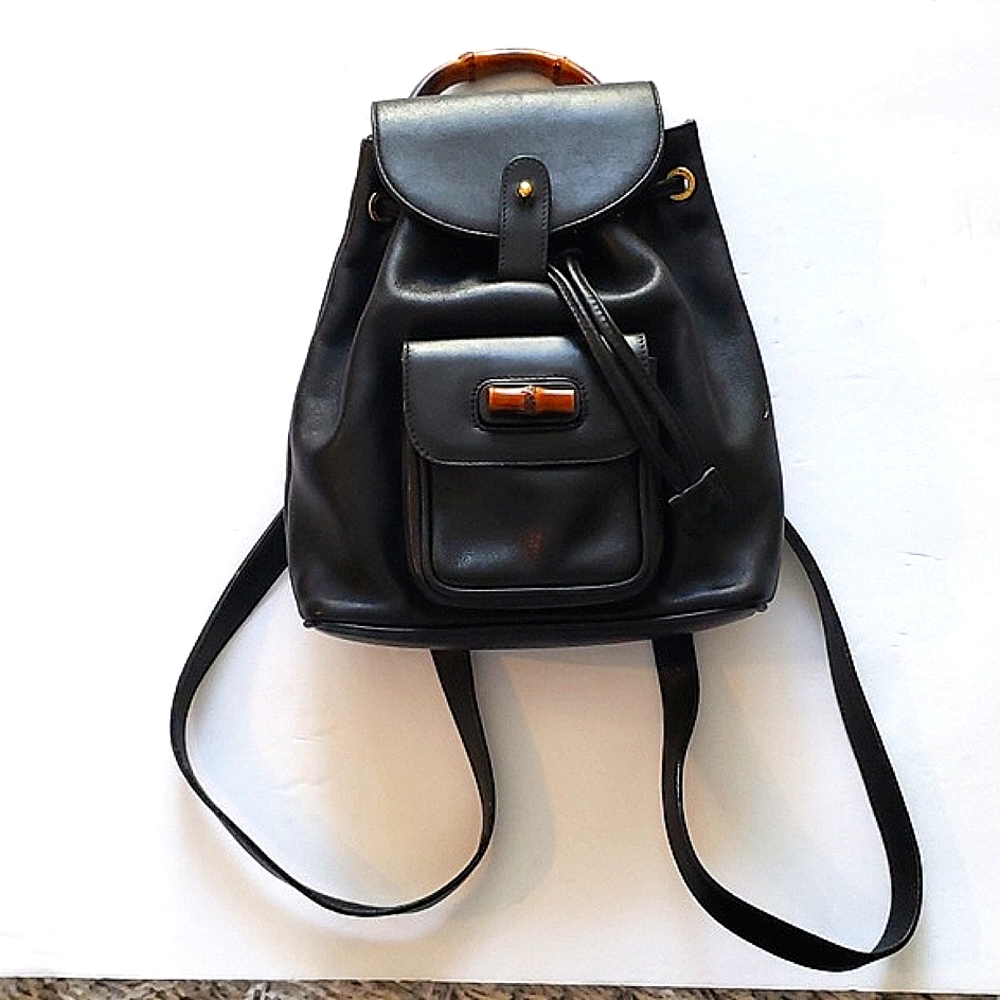GUCCI Bamboo Leather Backpack in Gold Color Hardware Small AUTHENTIC